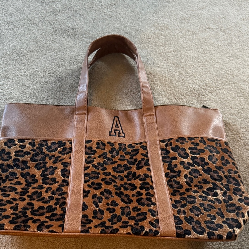 Marleylily Leopard Print Tote Bag with Brown Accents- letter A